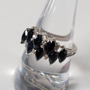 Thai 925 Sterling Silver Black Spinel Ring Marquise Cluster Blackjack Size 8